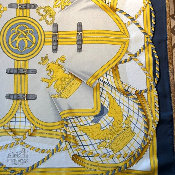 Vintage Hermes Grande Tenue Silk Scarf Blues and Golden Yellow - Picture 4 of 13